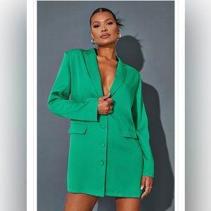 Green Long Sleeve Oversized Shoulder Pad Blazer Dress